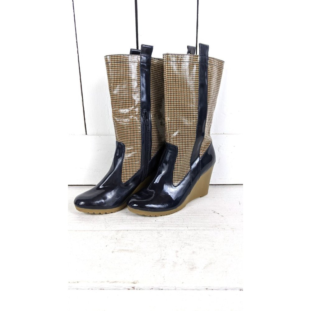 Tommy Hilfiger houndstooth blue patent tall wedge rain boots 8 M - Picture 3 of 8